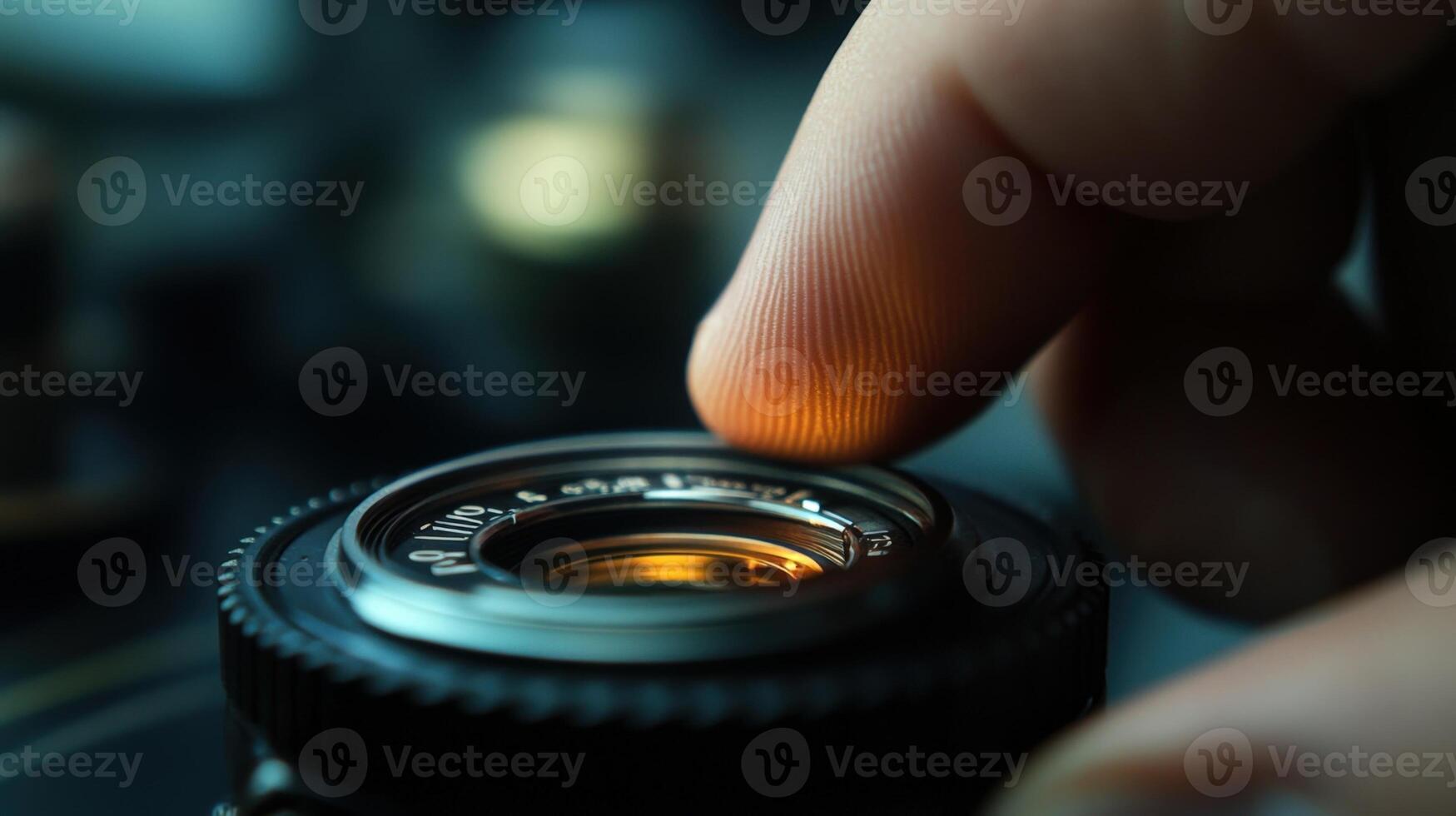 An intricate view of a cinematographers fingers delicately adjusting the aperture ring on a highquality lens with blurred elements of camera equipment and lighting in the background photo