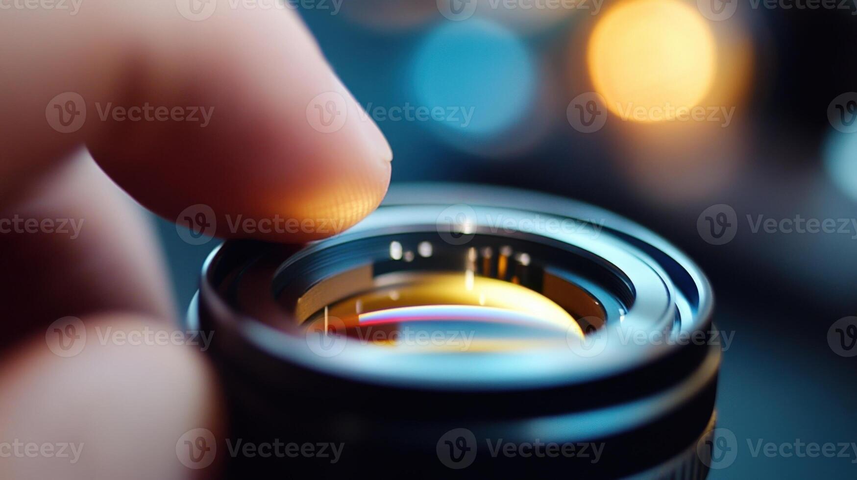 An intricate view of a cinematographers fingers delicately adjusting the aperture ring on a highquality lens with blurred elements of camera equipment and lighting in the background photo