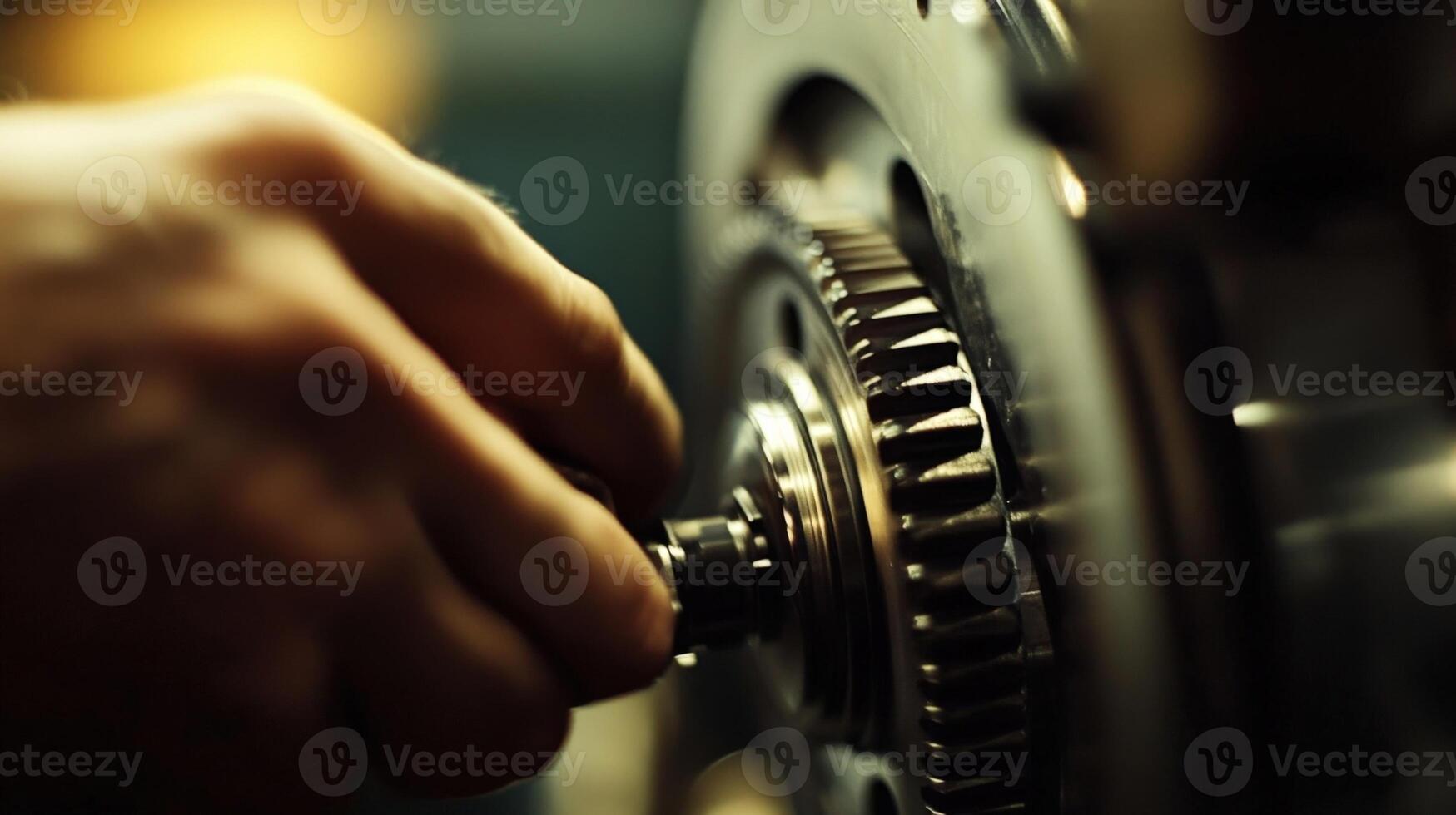 Mechanic repairing industrial gear with a wrench in a workshop photo
