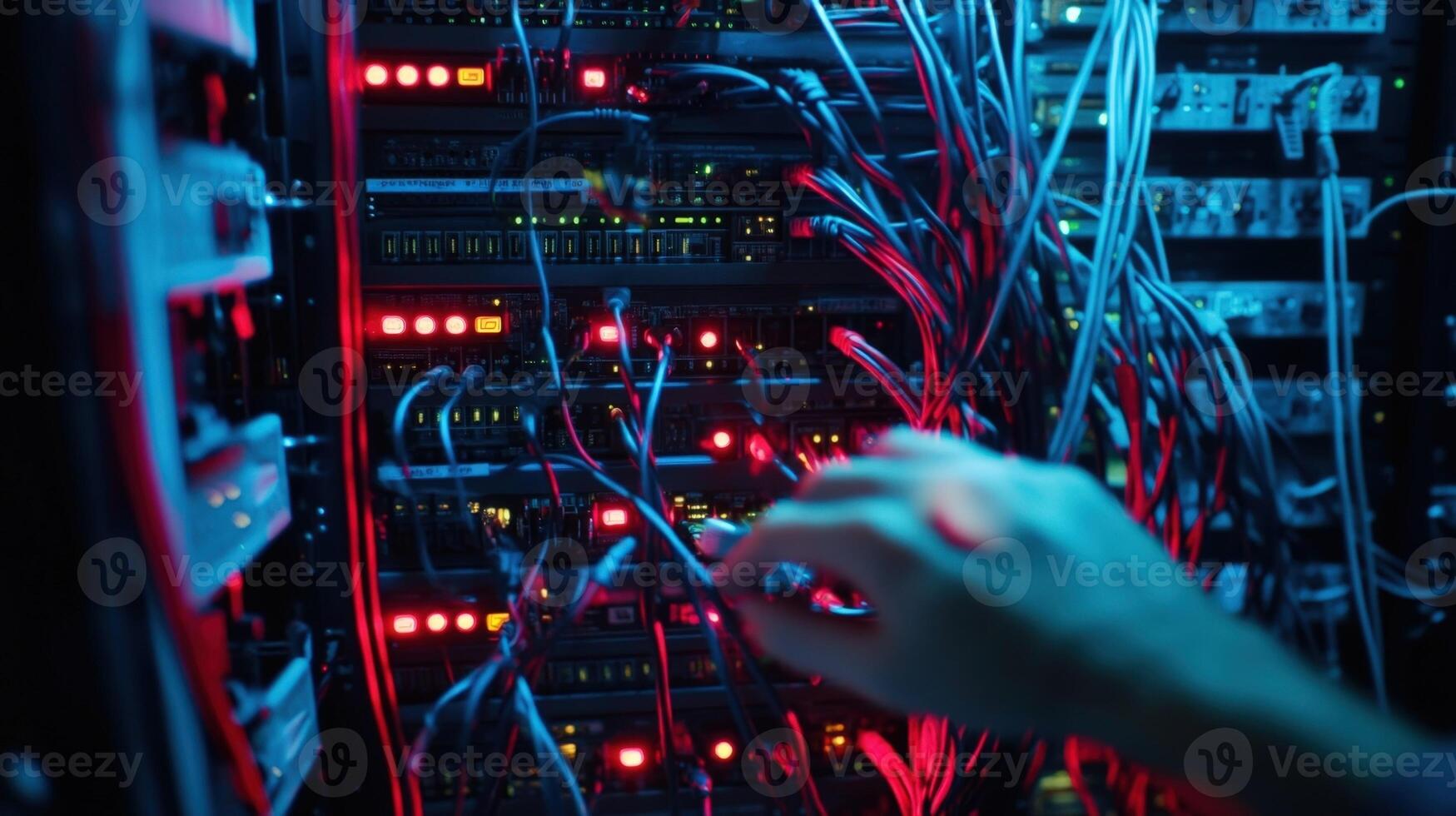 Technician connecting cables in server room with cyber security focus photo