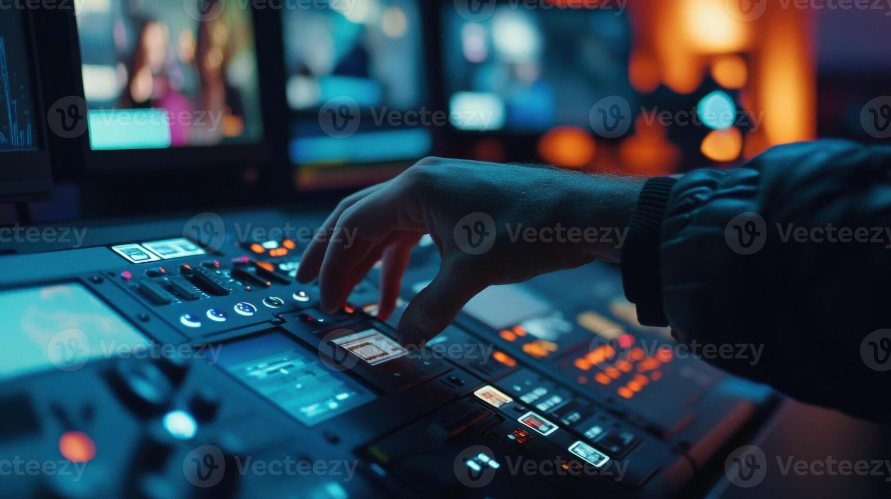 editor working with editing console in studio, adjusting controls and editing footage photo