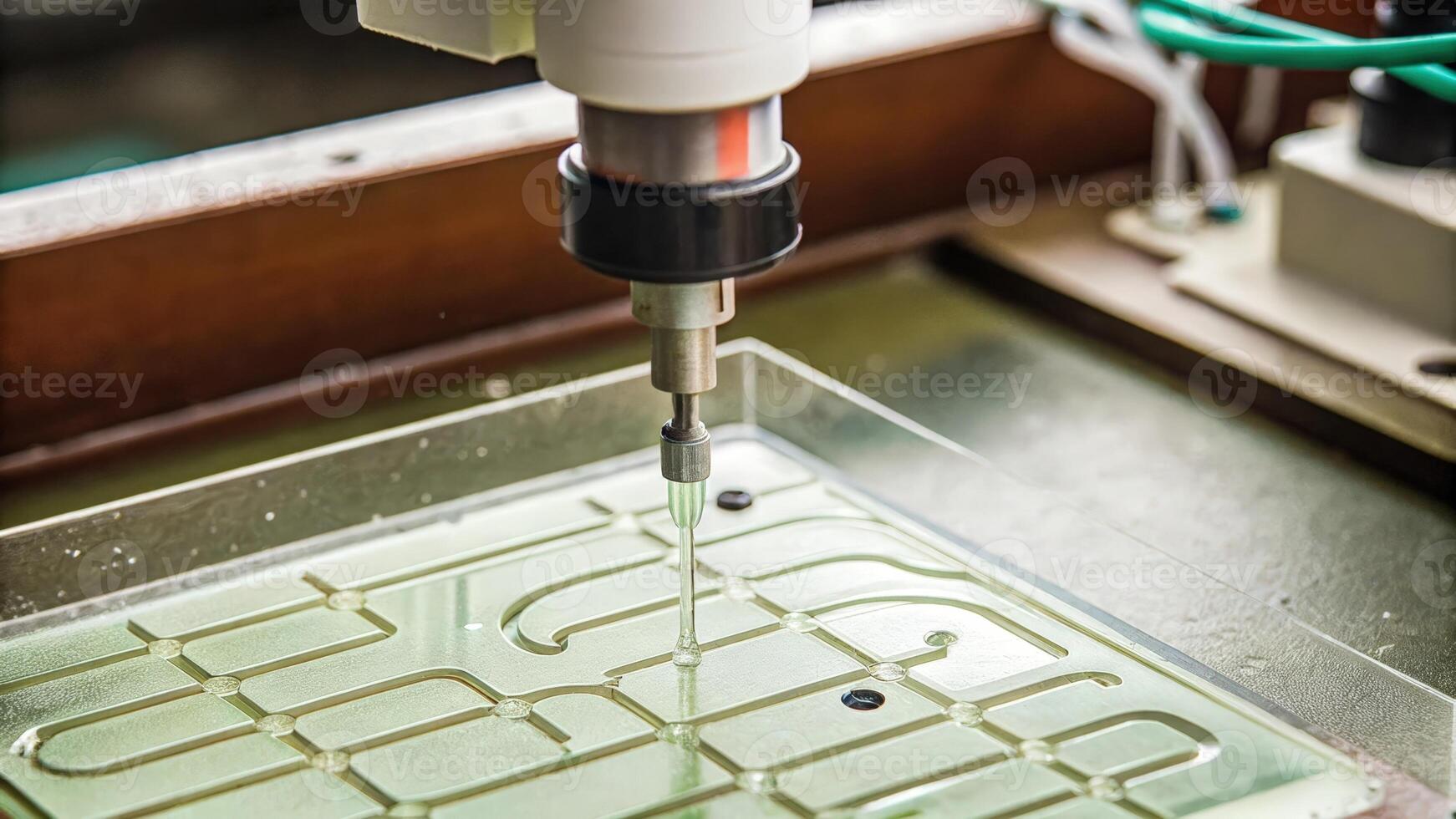 A detailed view of a syringedriven microfluidic device on the lab bench showing fluids flowing through tiny channels etched into the surface emphasizing precision engineering in. photo