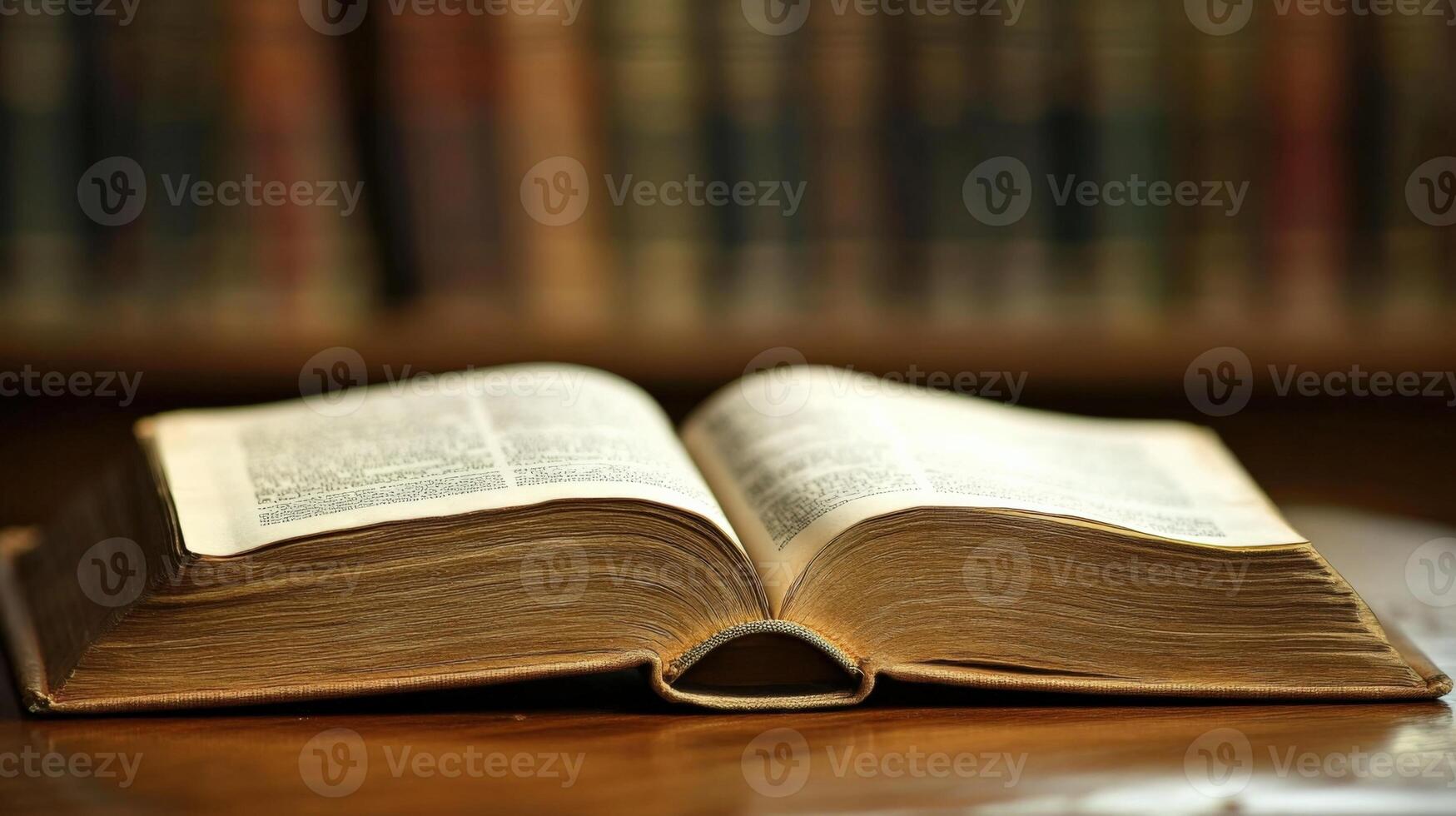 Open book lying on wooden table in library setting photo