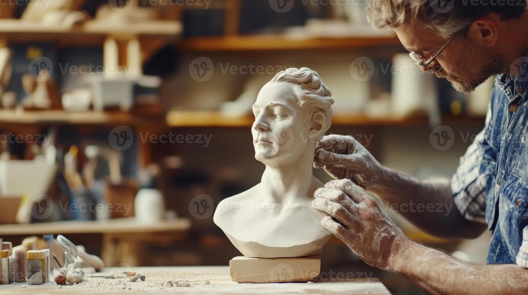 Sculptor working on clay bust in art studio photo