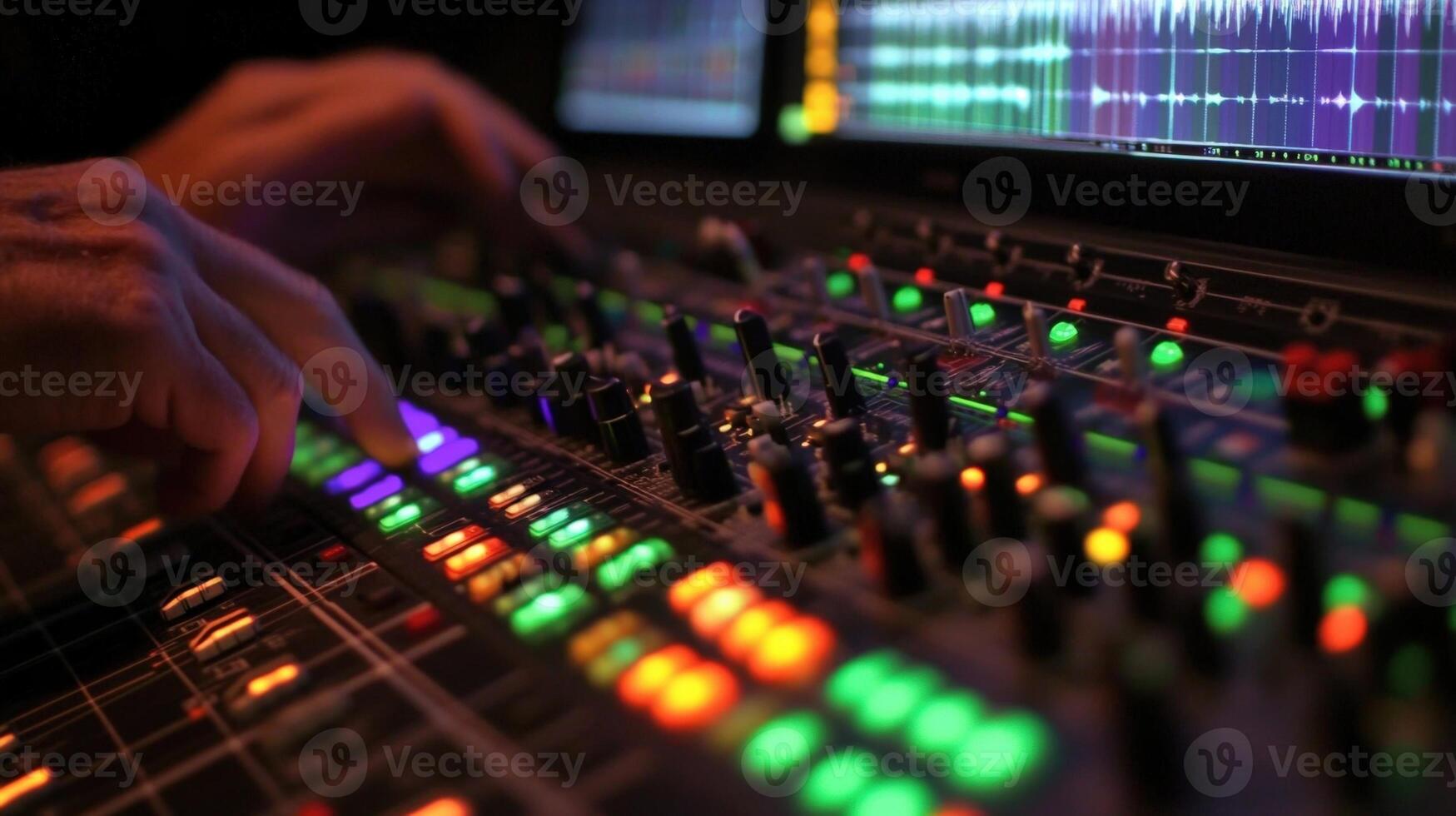 Sound engineer mixing music on audio mixing console in recording studio photo