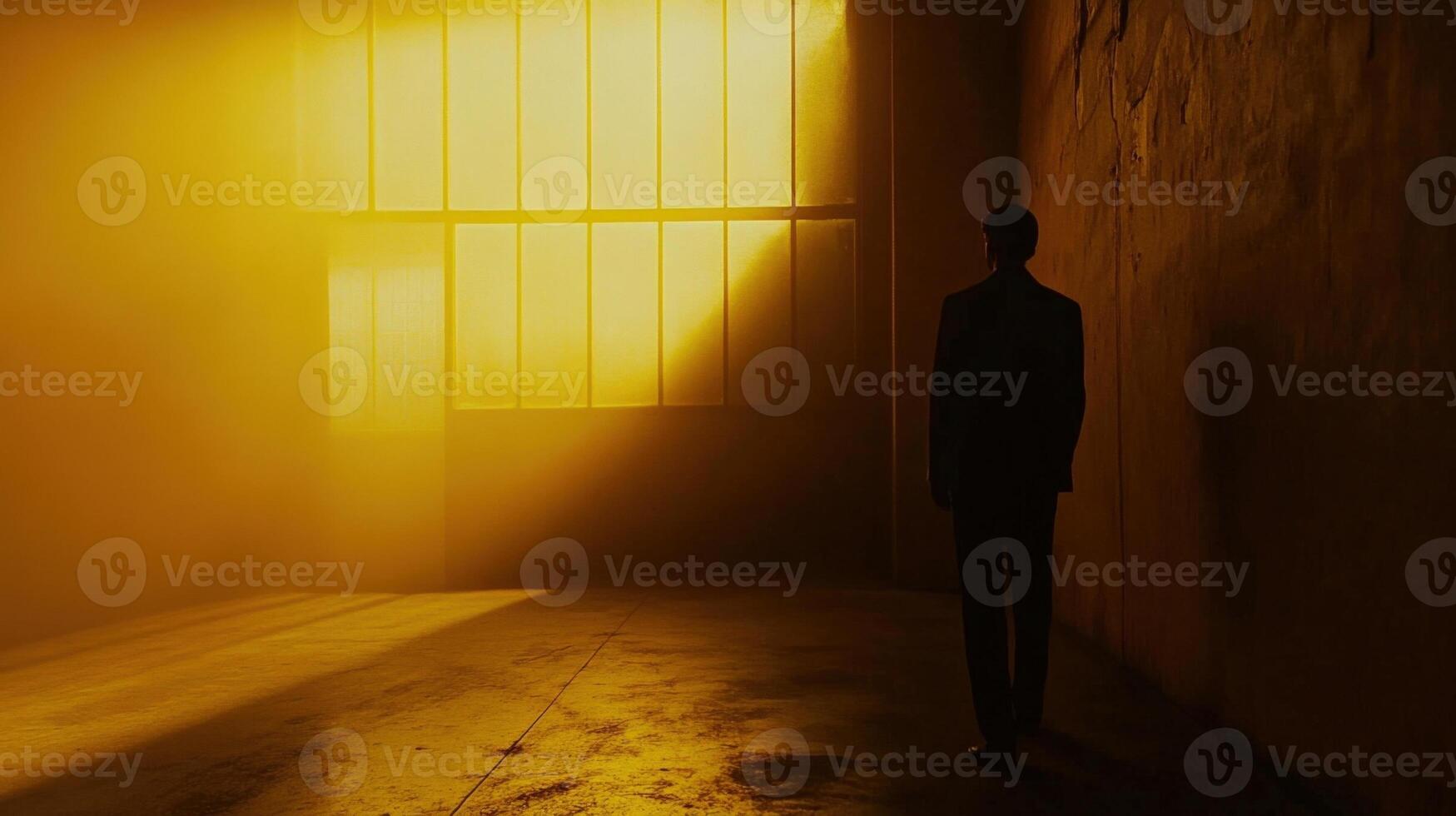 Businessman standing in smoky warehouse with sunlight shining through window photo