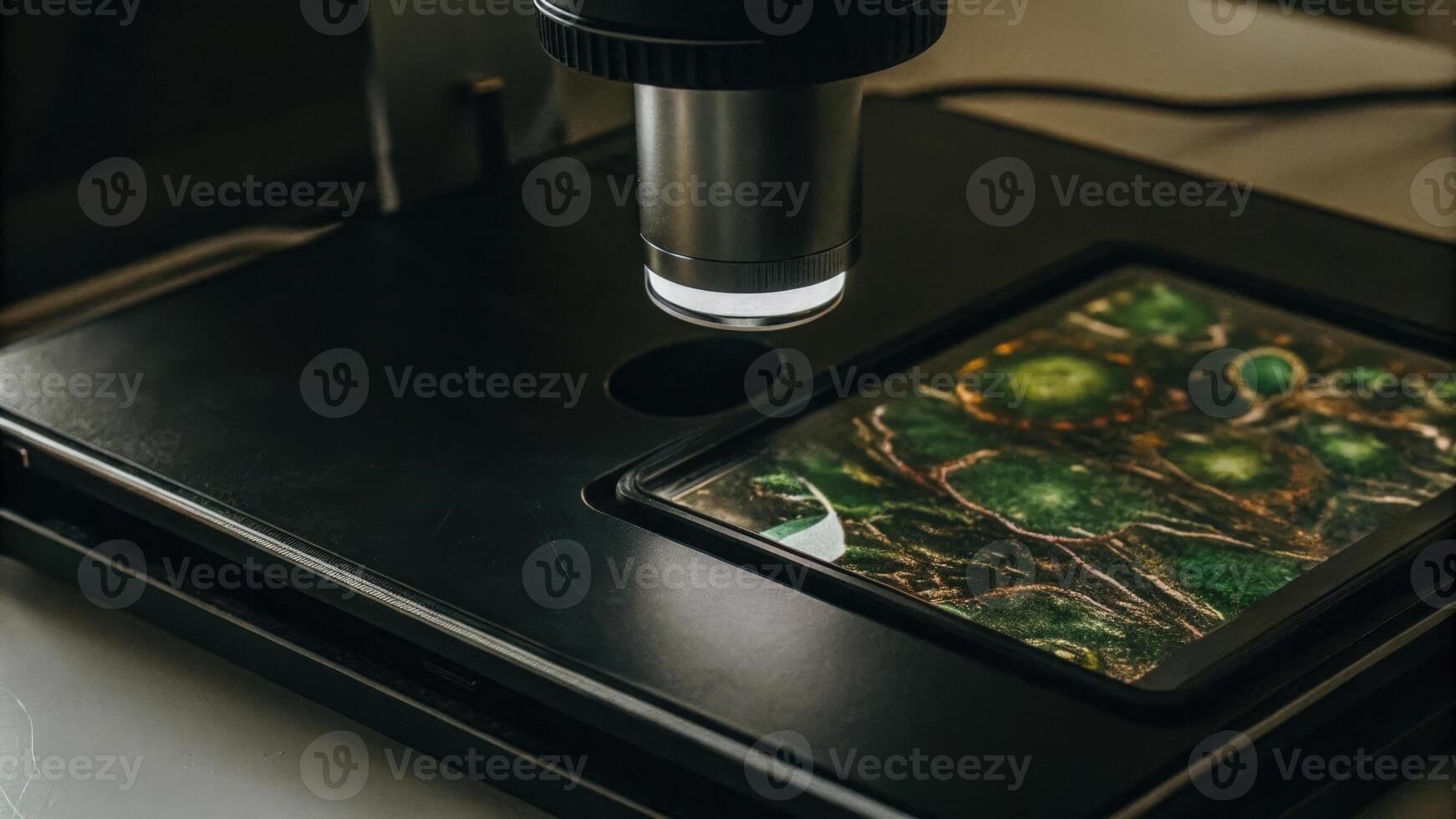 A closeup of a sleek digital microscope displaying vibrant images of cellular structures on its connected computer screen highlighting the intersection of DIY biology and hightech. photo
