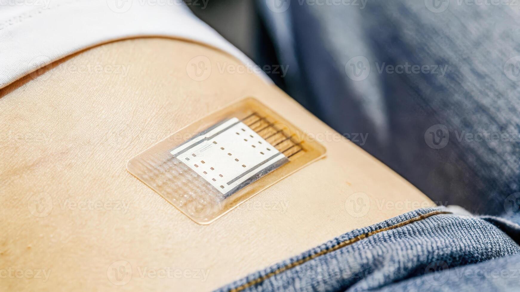 A closeup view of a dermal patch adhered to the skin embedded with microfluidic sensors that analyze sweat composition to track hydration and electrolyte levels. The patchs. photo