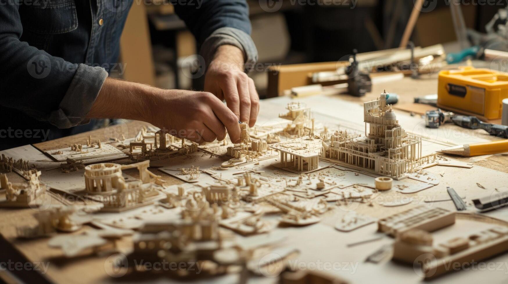 Focused and handson the art director is kneeling to inspect the placement of delicate props on a tabletop ensuring each element contributes to the overall narrative. Surrounding the photo
