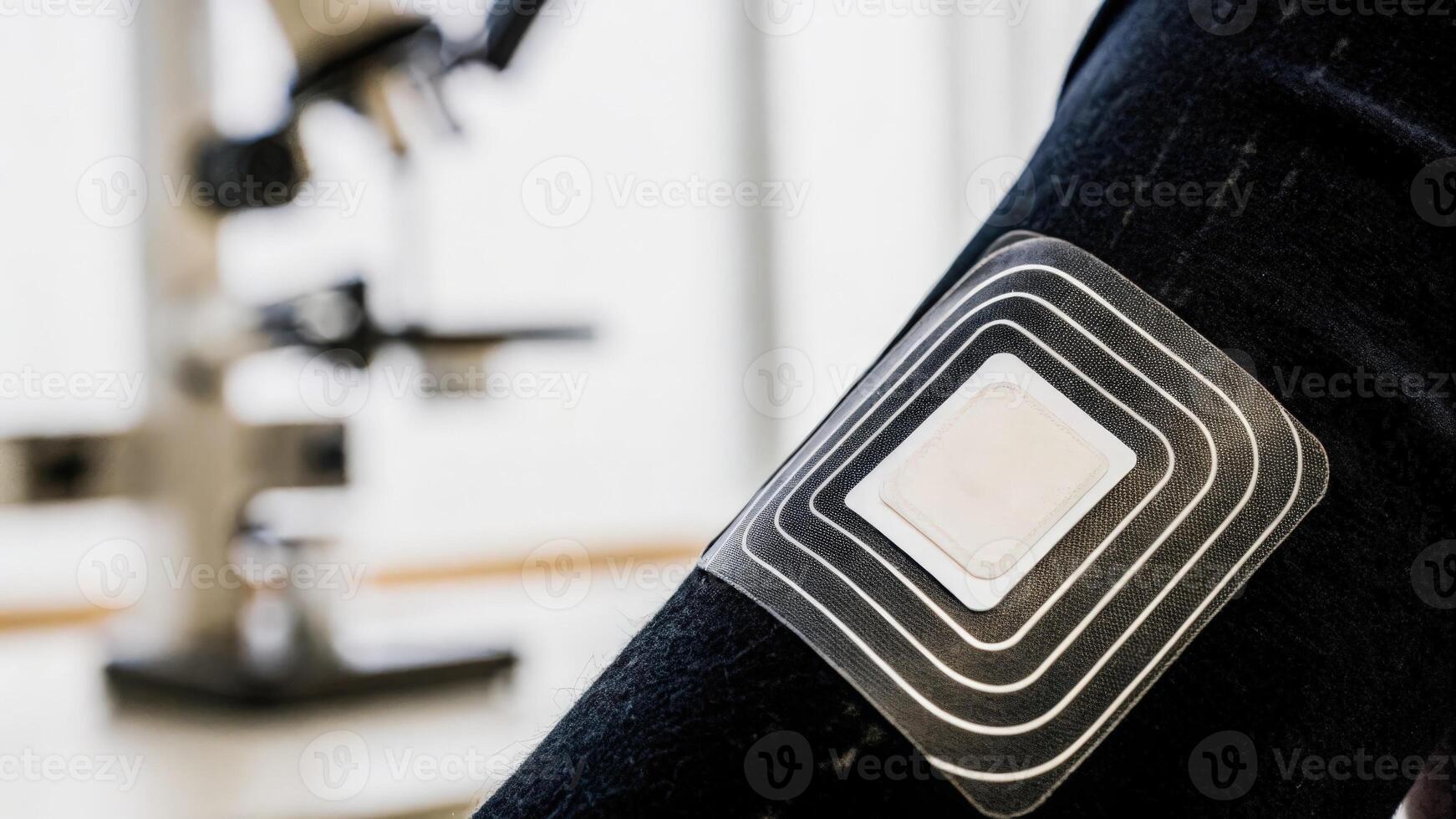 A closeup of a wearable patch adhered to skin showcasing its elegant design and tiny sensors with a softfocus background of laboratory equipment indicating advanced bioengineering.. photo