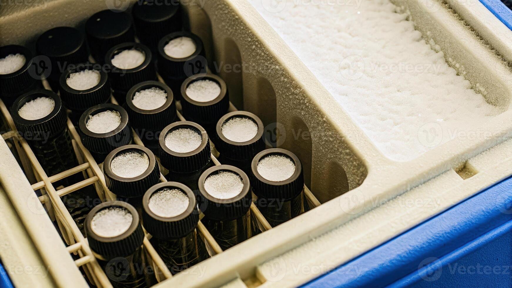 A collection of labeled cryovials in a compact freezer encased in a seethrough design showcasing the temperature gauge and frost patterns indicative of ultracold storage.. photo