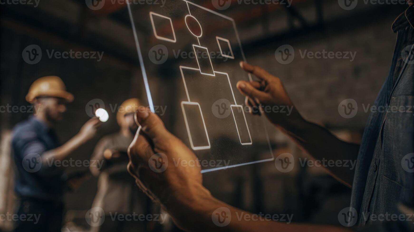 A closeup of hands manipulating a holographic diagram that represents an organizational structure with workers in the background evaluating the changes.. photo