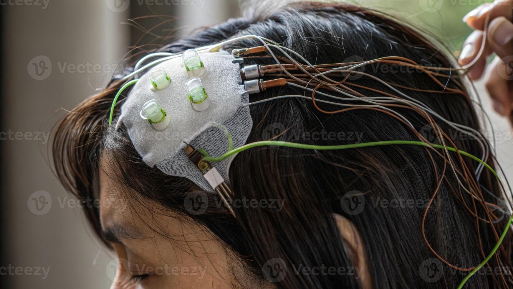 A detailed view of the EEG sensors electrodes secured with conductive gel on a users scalp emphasizing the connection between the technology and the human brain as research data is. photo