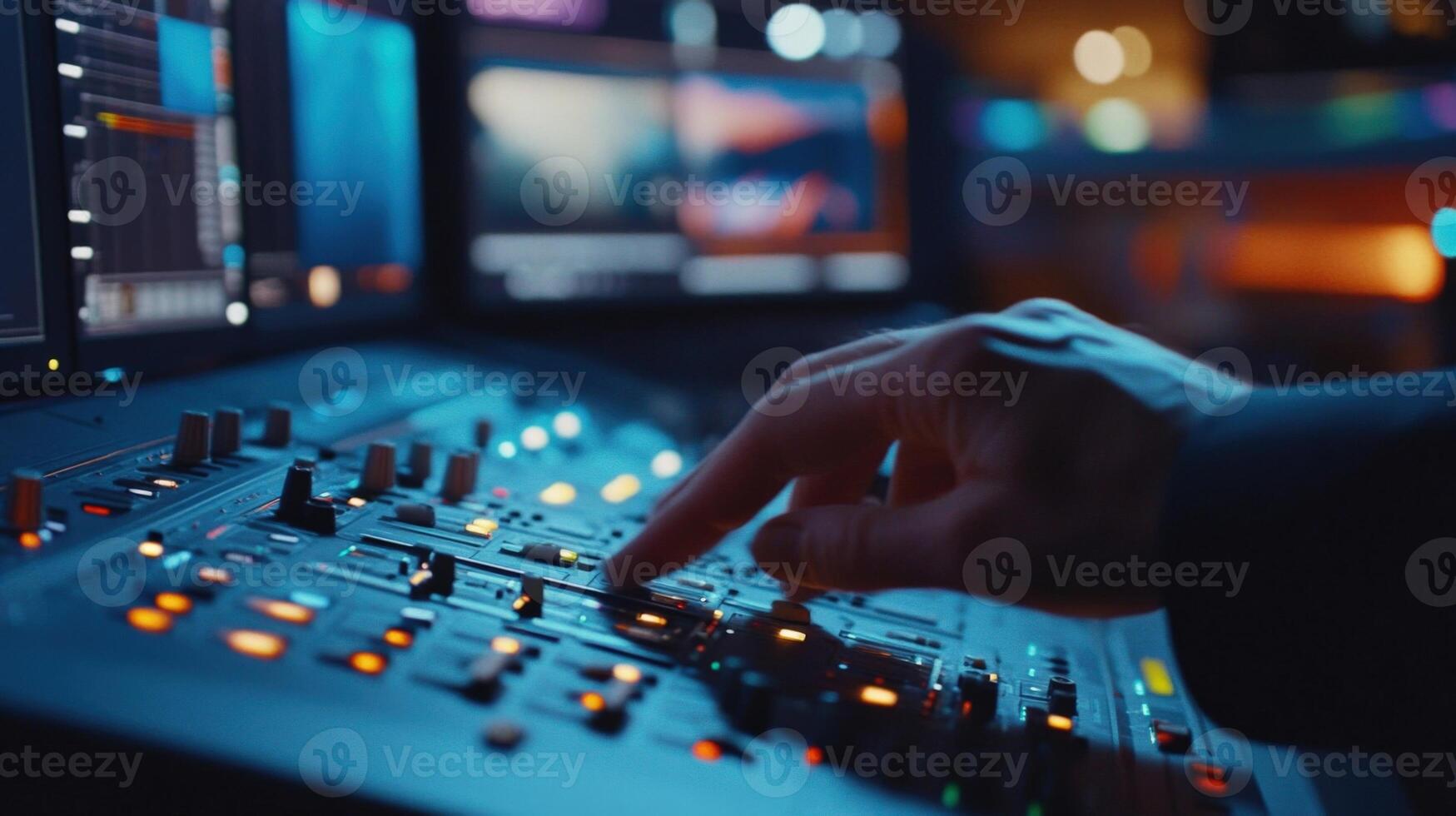 editor working on professional mixing panel in post production studio photo