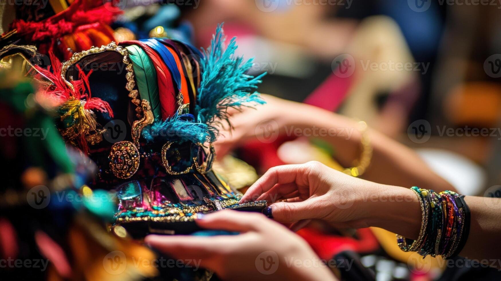 Costume designers choosing colorful and decorated headdresses for movie production photo