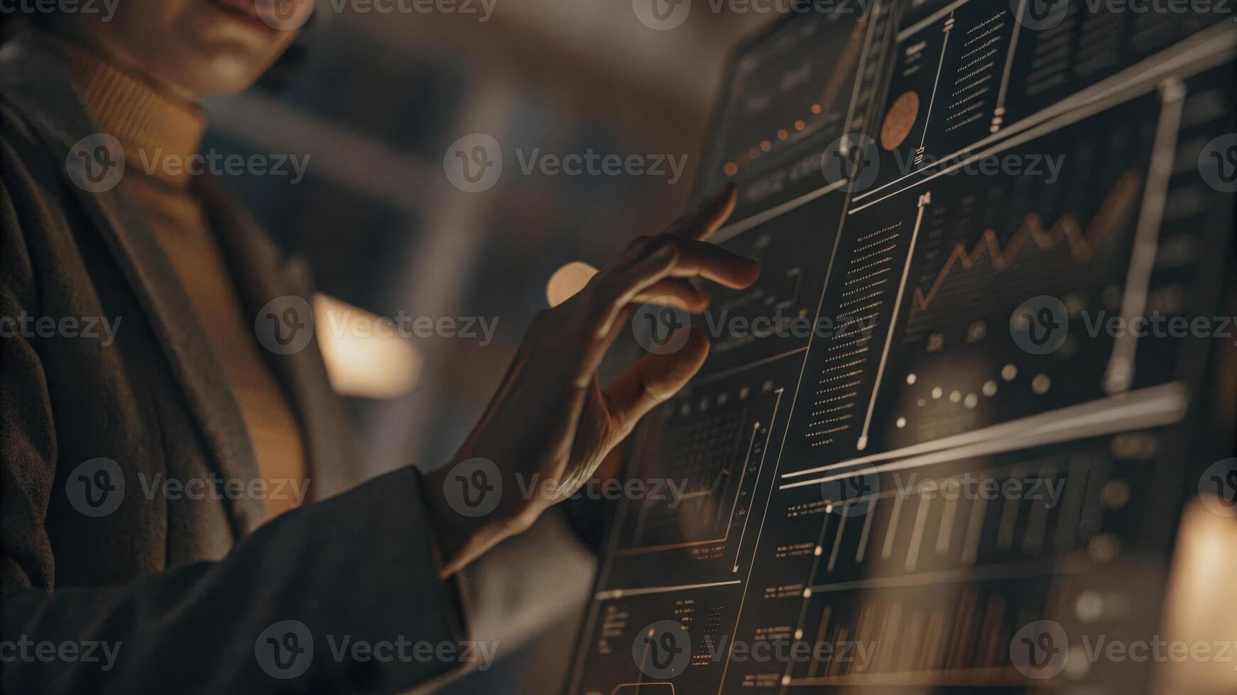 A medium closeup of a holographic interface showcasing realtime data analytics with a focused tech spet adjusting settings with a swipe of their hand.. photo