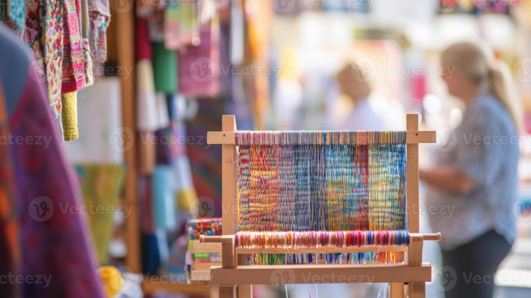 A lively demonstration of textile art is underway with fiber artists weaving colorful threads on looms. The softly blurred backdrop of fabric samples and hanging art adds depth to th photo