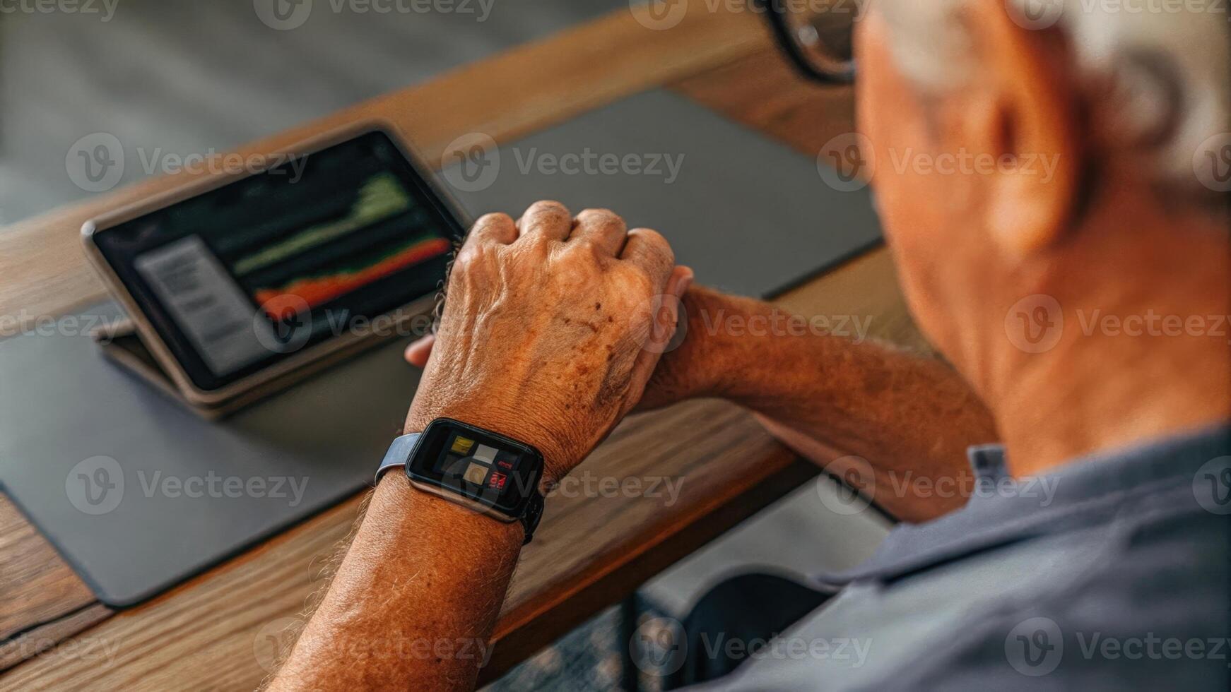 A closeup of an elderly man sitting at a desk his expression one of concentration as he syncs his wearable device with a health app on his tablet showcasing vibrant health. photo
