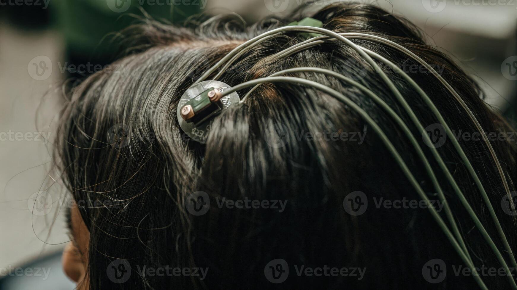 A closeup of electrodes p on the scalp of an elderly woman capturing the intricate details of the sensors connected to a flexible hightech neurofeedback device.. photo