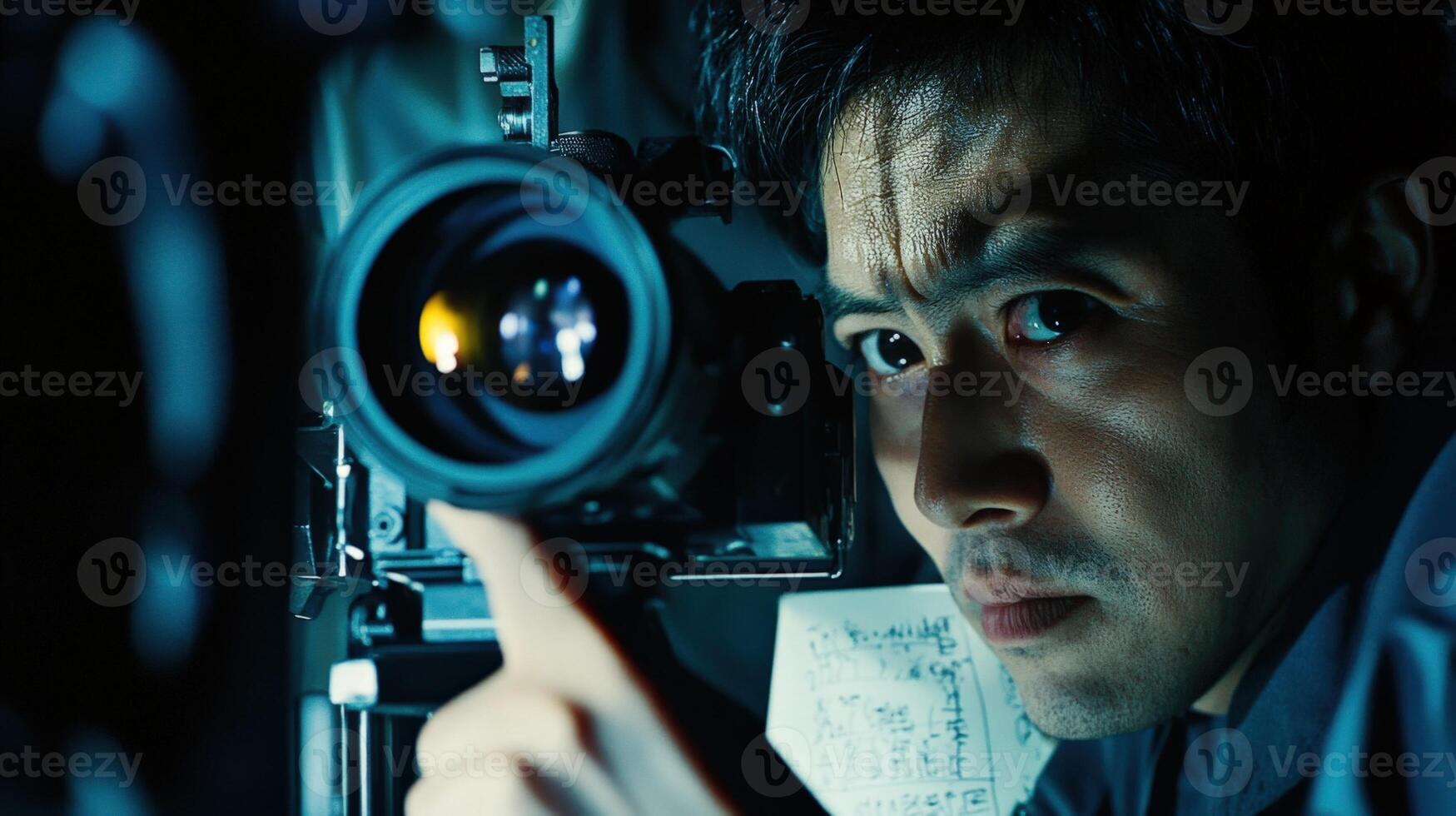 A detailed image showcasing the cinematographers concentration as they peer through the viewfinder while aligning a new lens notes and settings jotted on a clipboard visible nearby photo