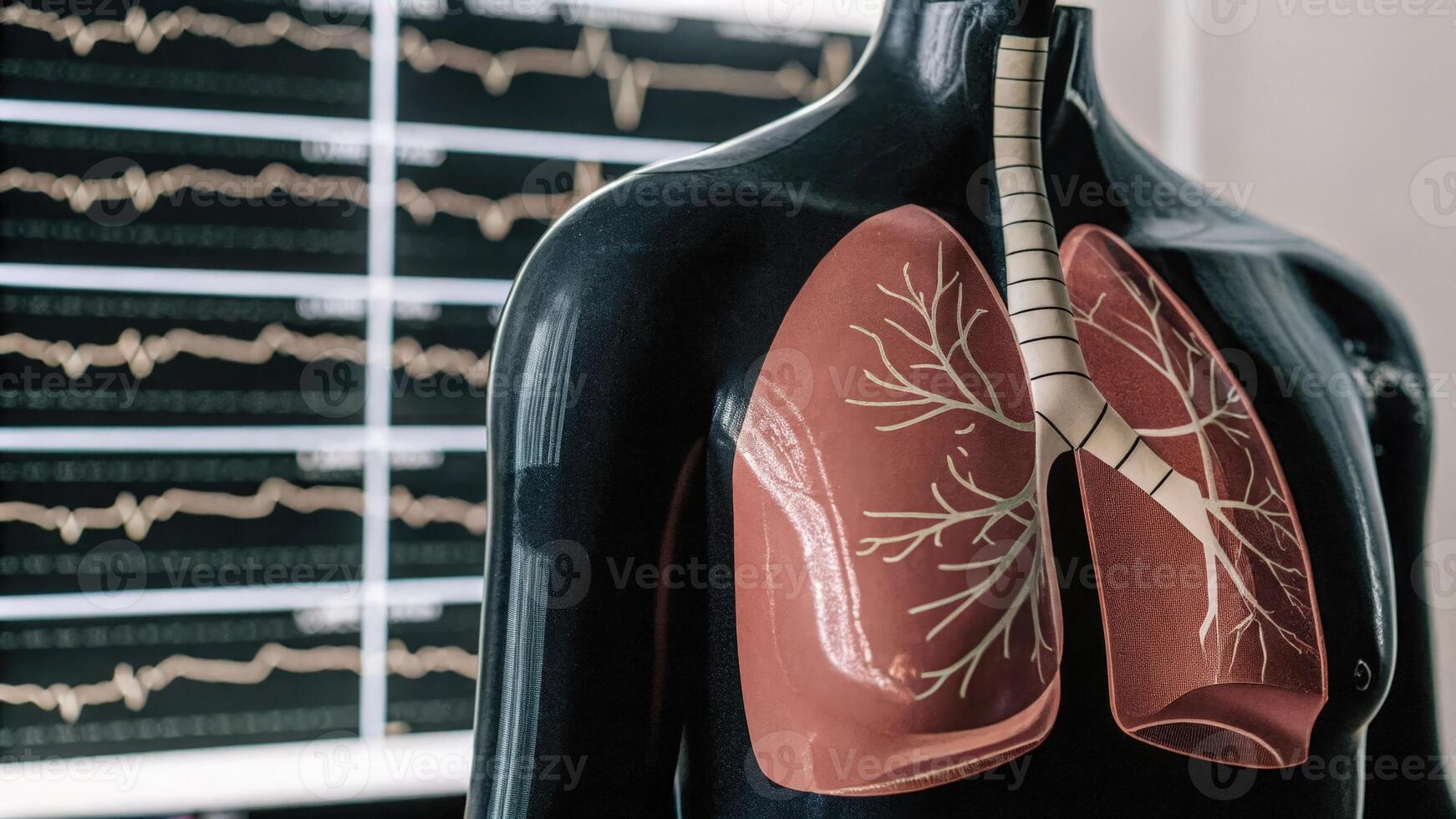 A detailed view of a human torso with a digital overlay of a respiratory system dynamically showing airflow patterns and lung capacity complemented by fluctuating graphs in the. photo