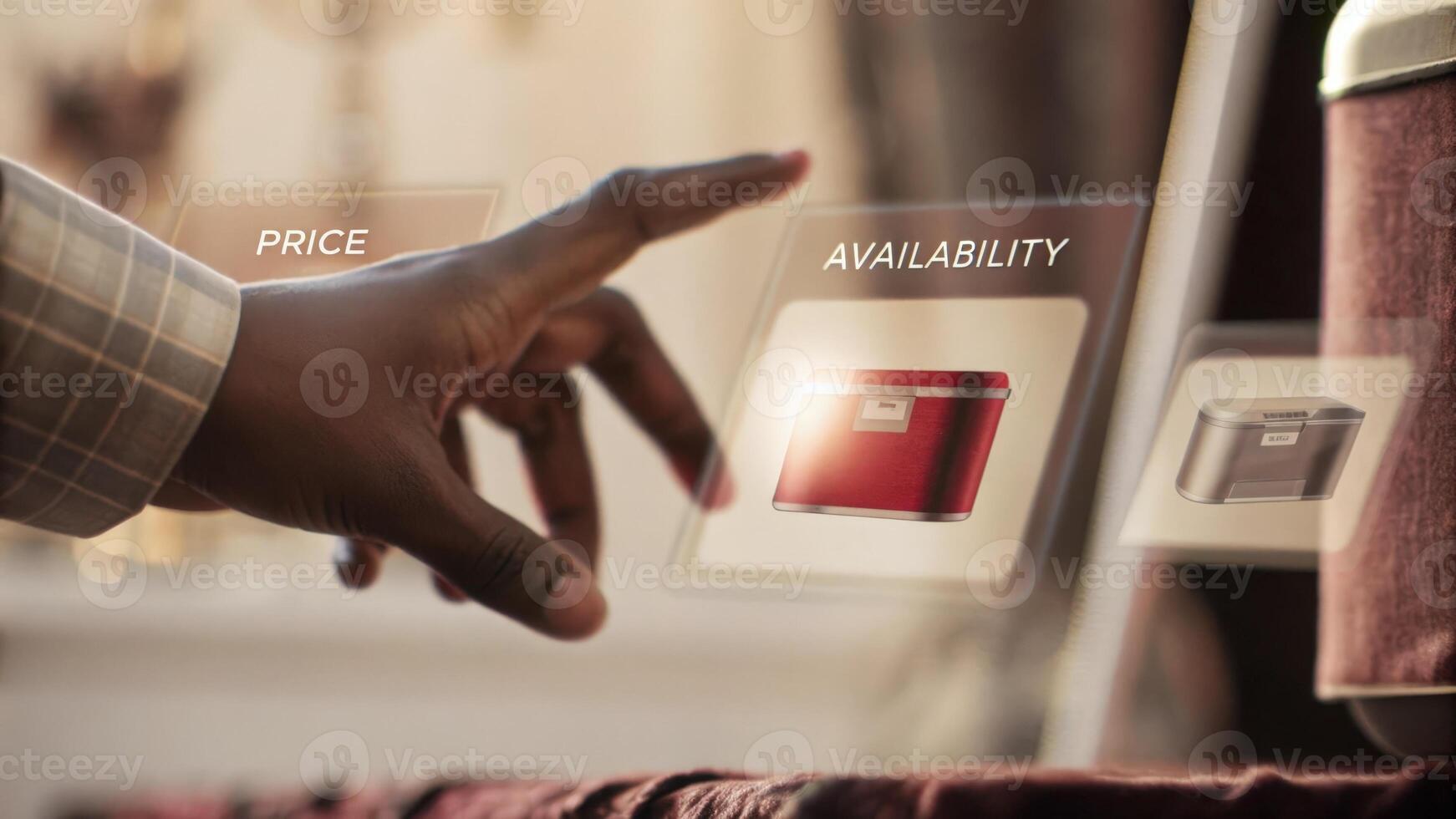 A hand reaching towards a holographic representation of a product as digital metrics including price and availability appear and rotate around it in midair.. photo