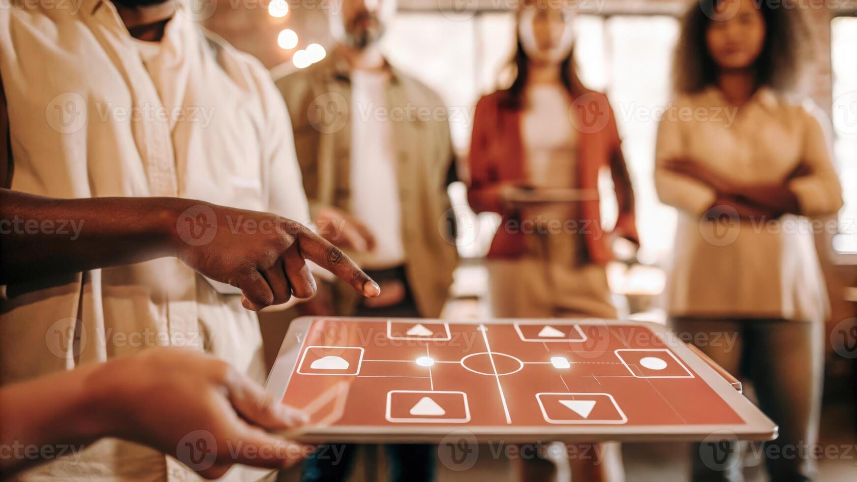 A handson interaction where a group member is dragging and dropping icons on a holographic interface during a strategy session enhancing collaborative decisionmaking.. photo
