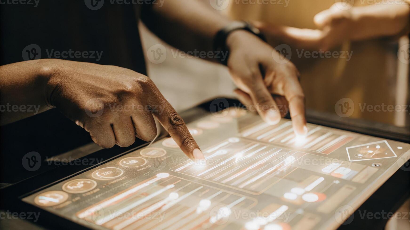 A closeup of hands manipulating a holographic touchscreen allowing users to drag and drop virtual elements to build complex business models in real time.. photo