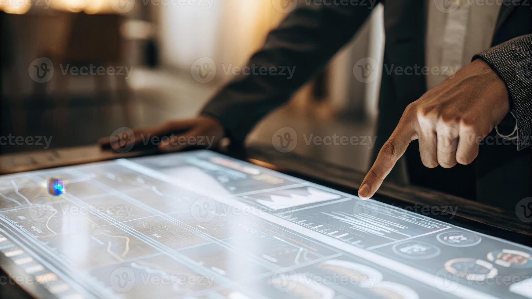 A closeup of a smart surface displaying a holographic dashboard of live market analytics while a professional taps on designated areas to drill down into specific financial metrics. photo