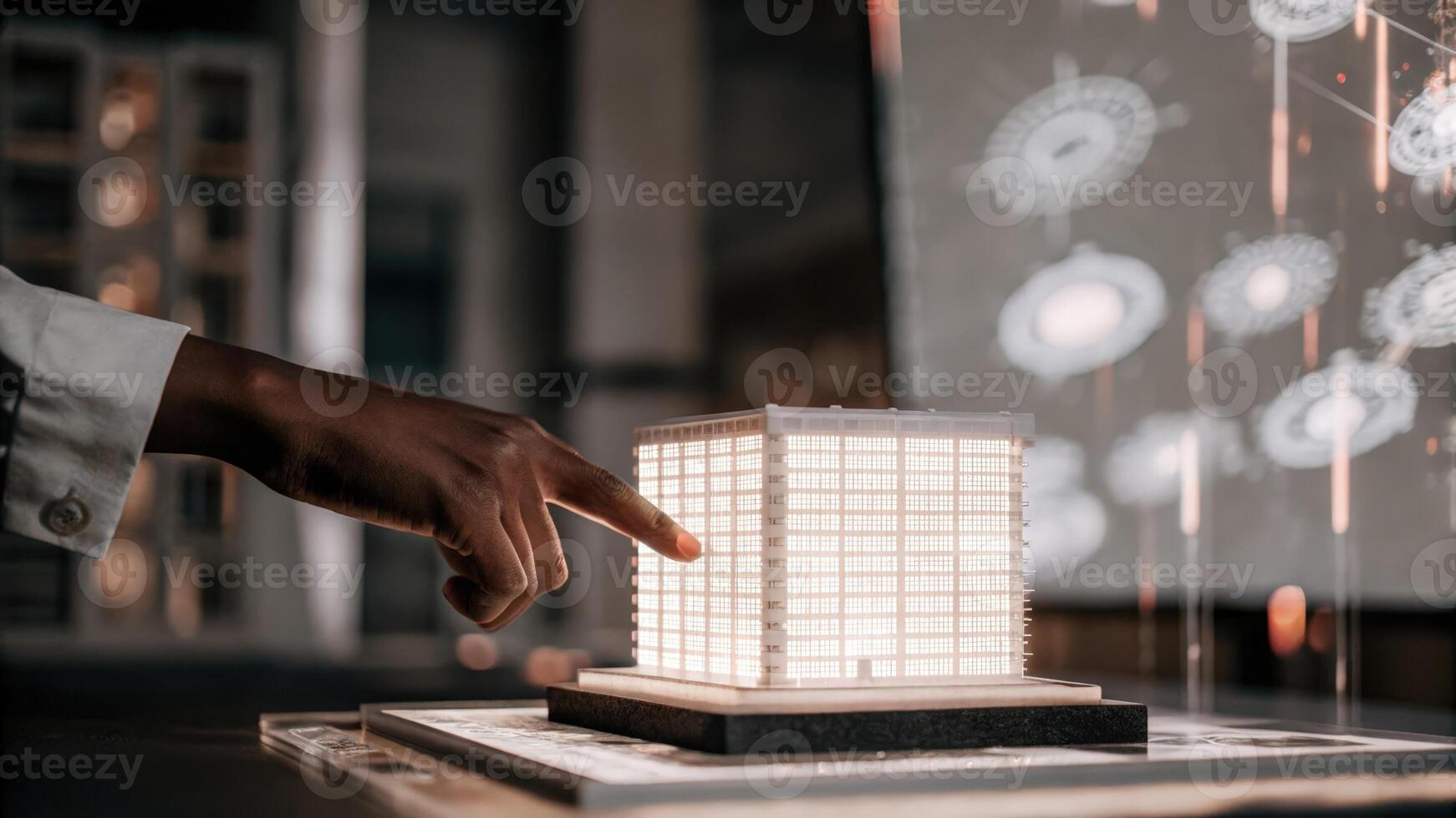 A hand reaches out to touch a glowing holographic model of a building symbolizing a real estate investment opportunity in an immersive presentation environment.. photo