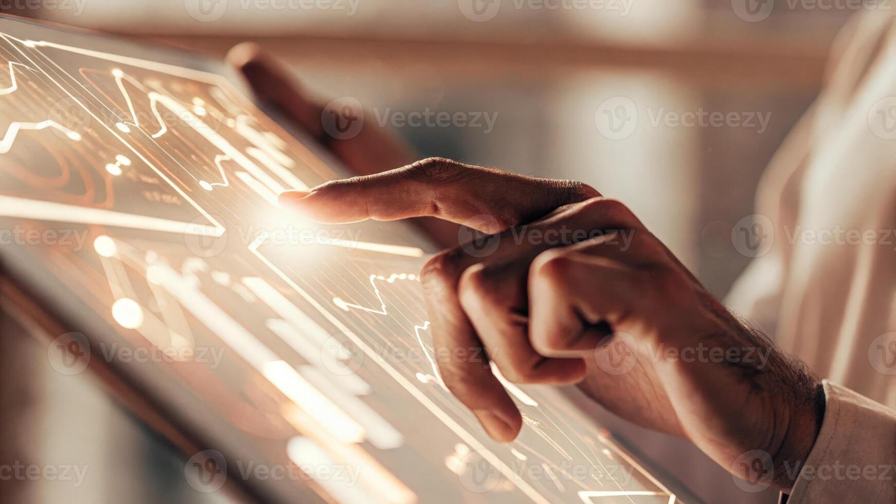 A closeup of a mans hand actively interacting with a holographic dashboard displaying realtime analytics and KPIs demonstrating the fluidity of modern business meetings.. photo