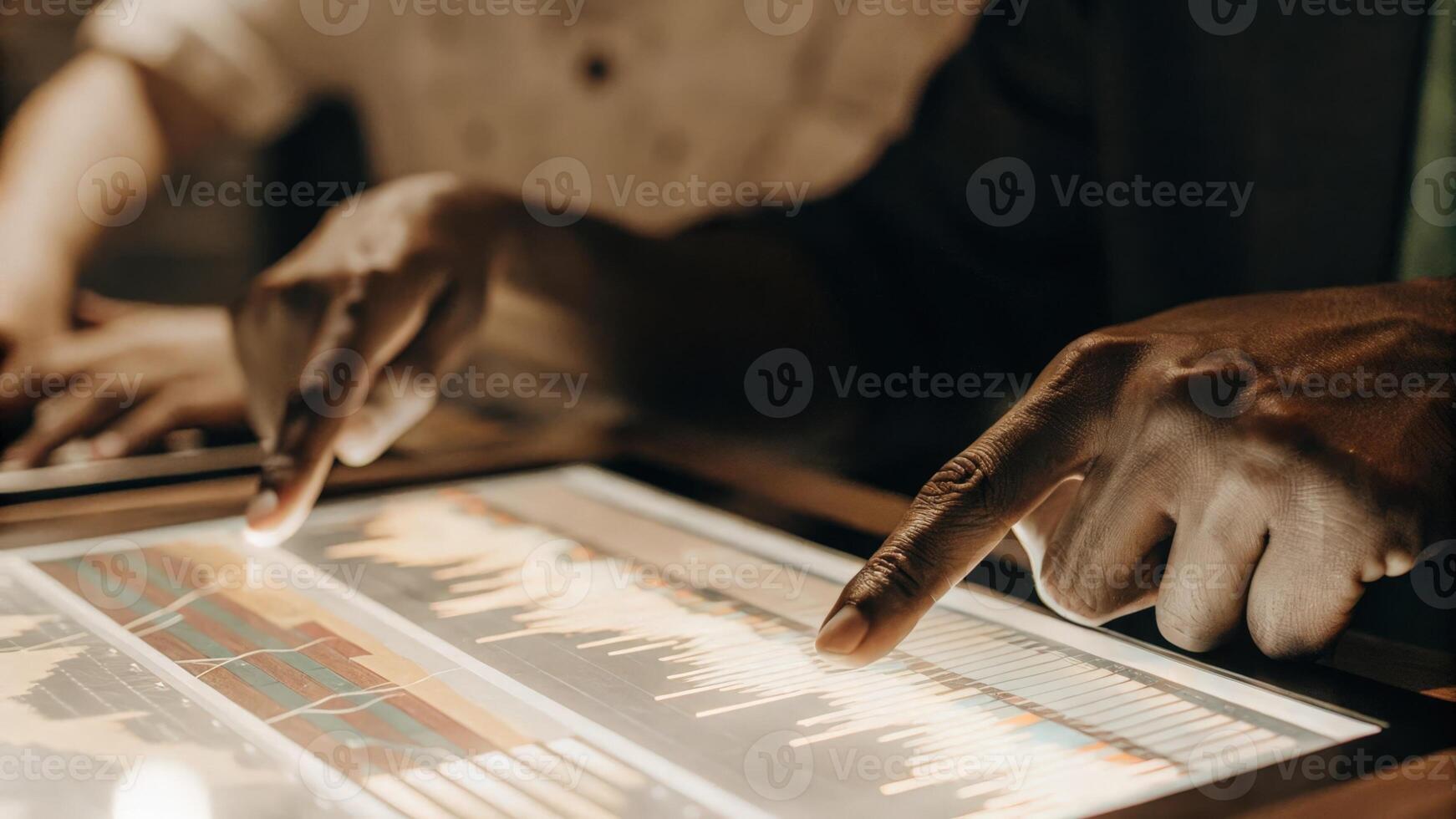 A closeup of hands manipulating a holographic interface with colorful icons and product features hovering in midair highlighting user engagement in an augmented reality experience.. photo