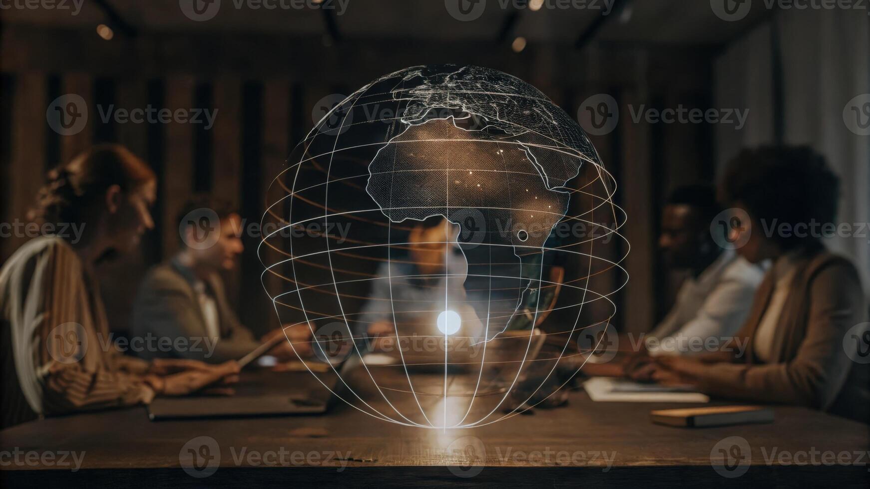 A holographic globe spins above a conference table with team members collaborating on strategies for global expansion their figures cast in soft light against the digital display.. photo