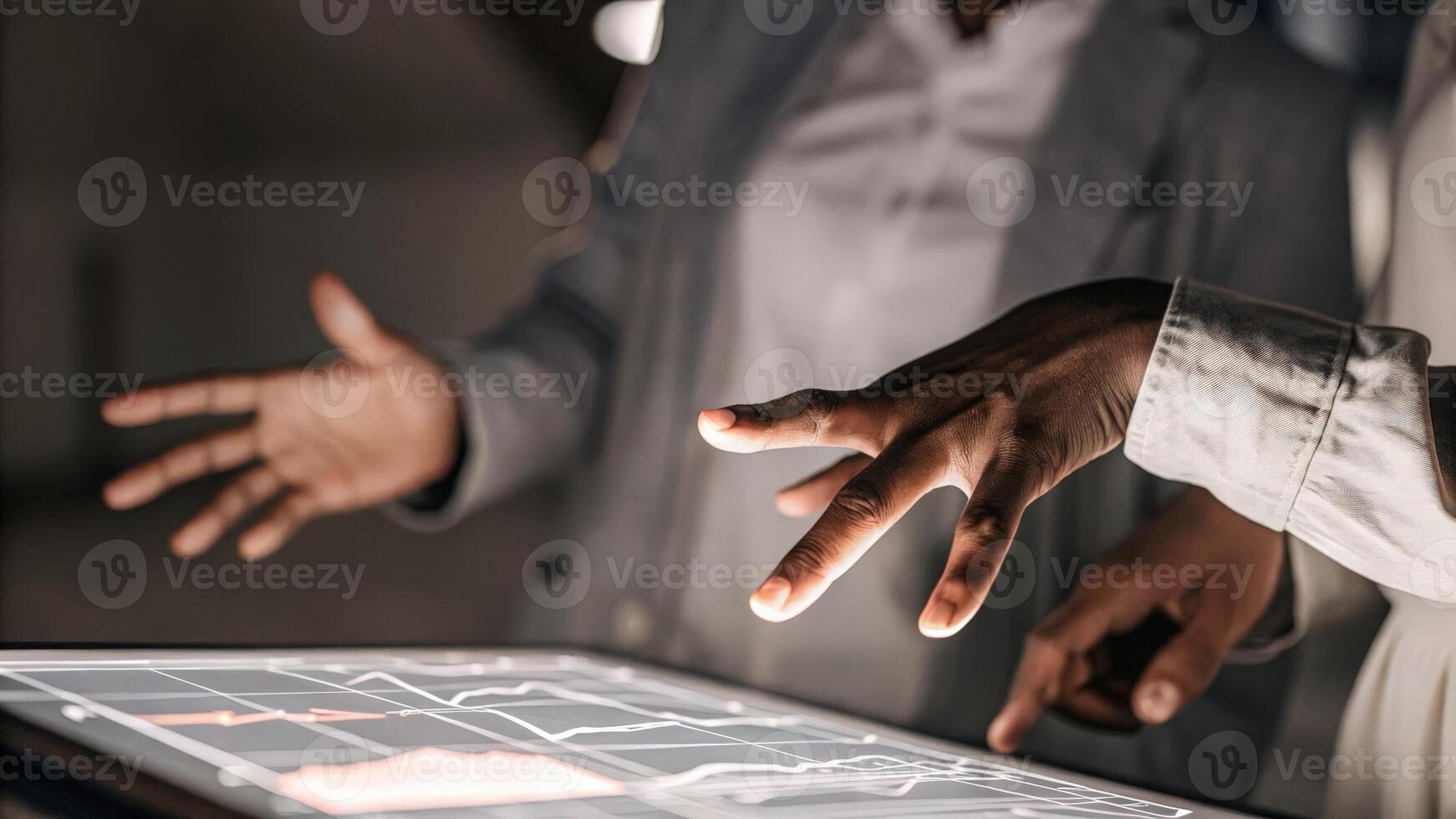 A closeup on a holographic interface displaying a dynamic chart as a trainee interacts with the visual data using hand gestures reflecting excitement and curiosity.. photo