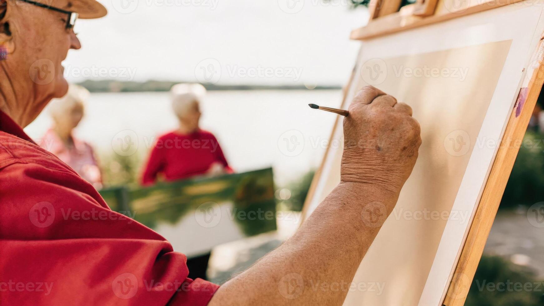 Senior man painting on canvas by the lake with brush and easel photo