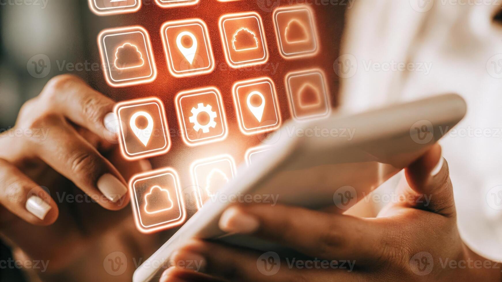 A closeup of a users hands manipulating holographic icons to prioritize tasks with glowing symbols representing different project stages hovering in midair.. photo