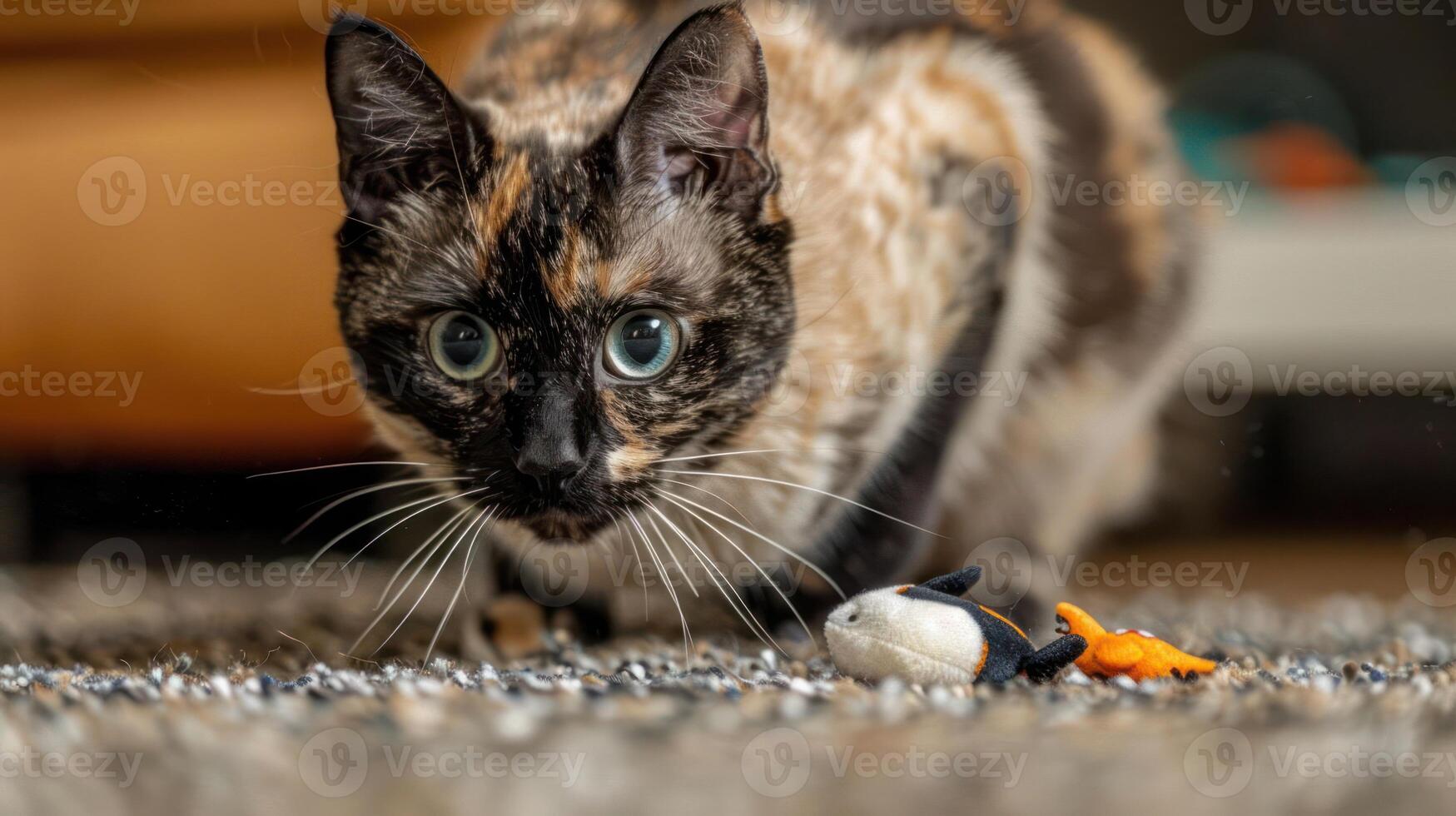 A curious cat crouches near small toy fish on a textured rug. photo