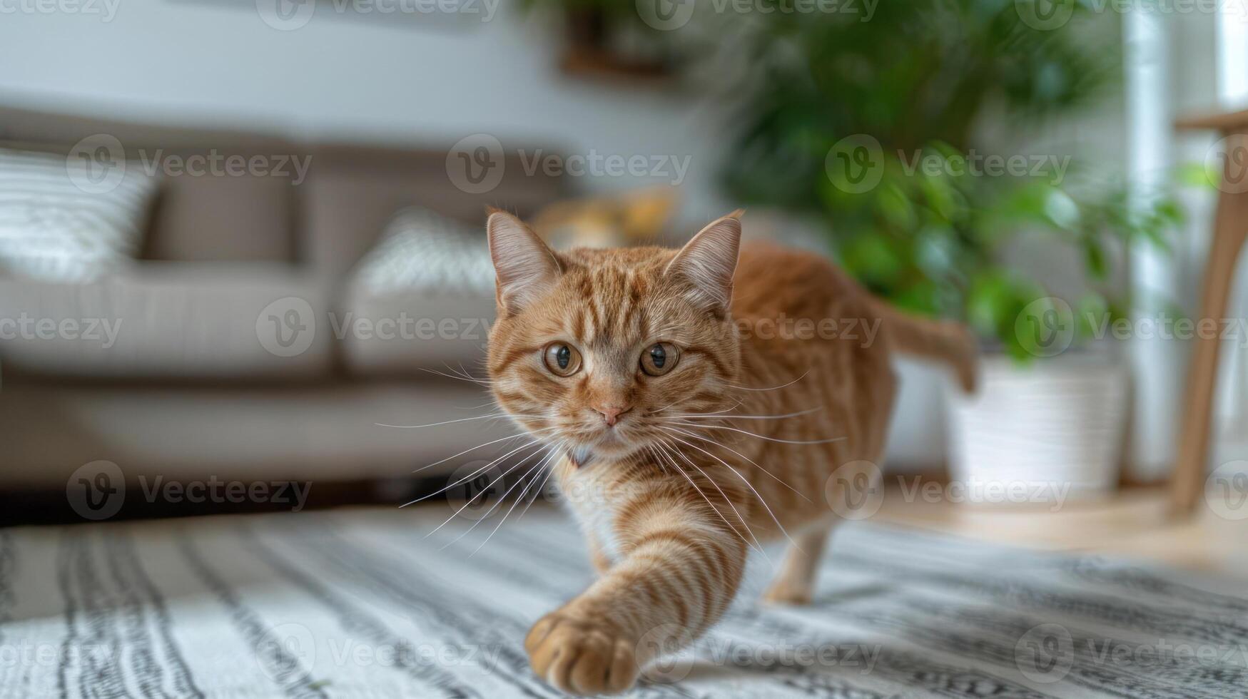 A playful orange cat walking across a patterned rug in a cozy living room setting. photo