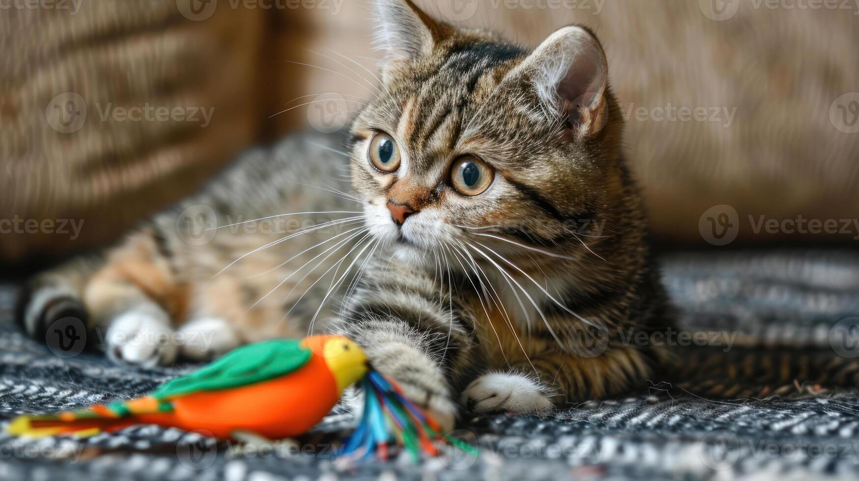 A playful cat interacts with a colorful toy bird on a textured surface. photo