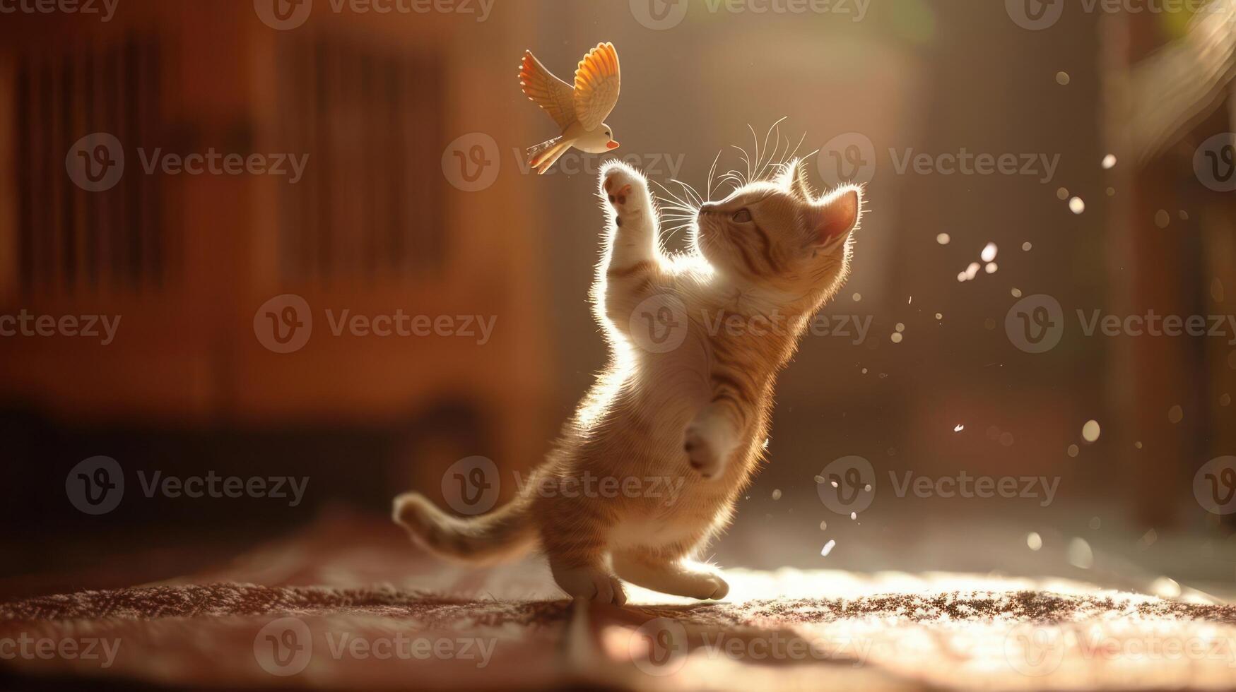 A playful kitten reaches for a small bird in a sunlit room, capturing a moment of curiosity. photo