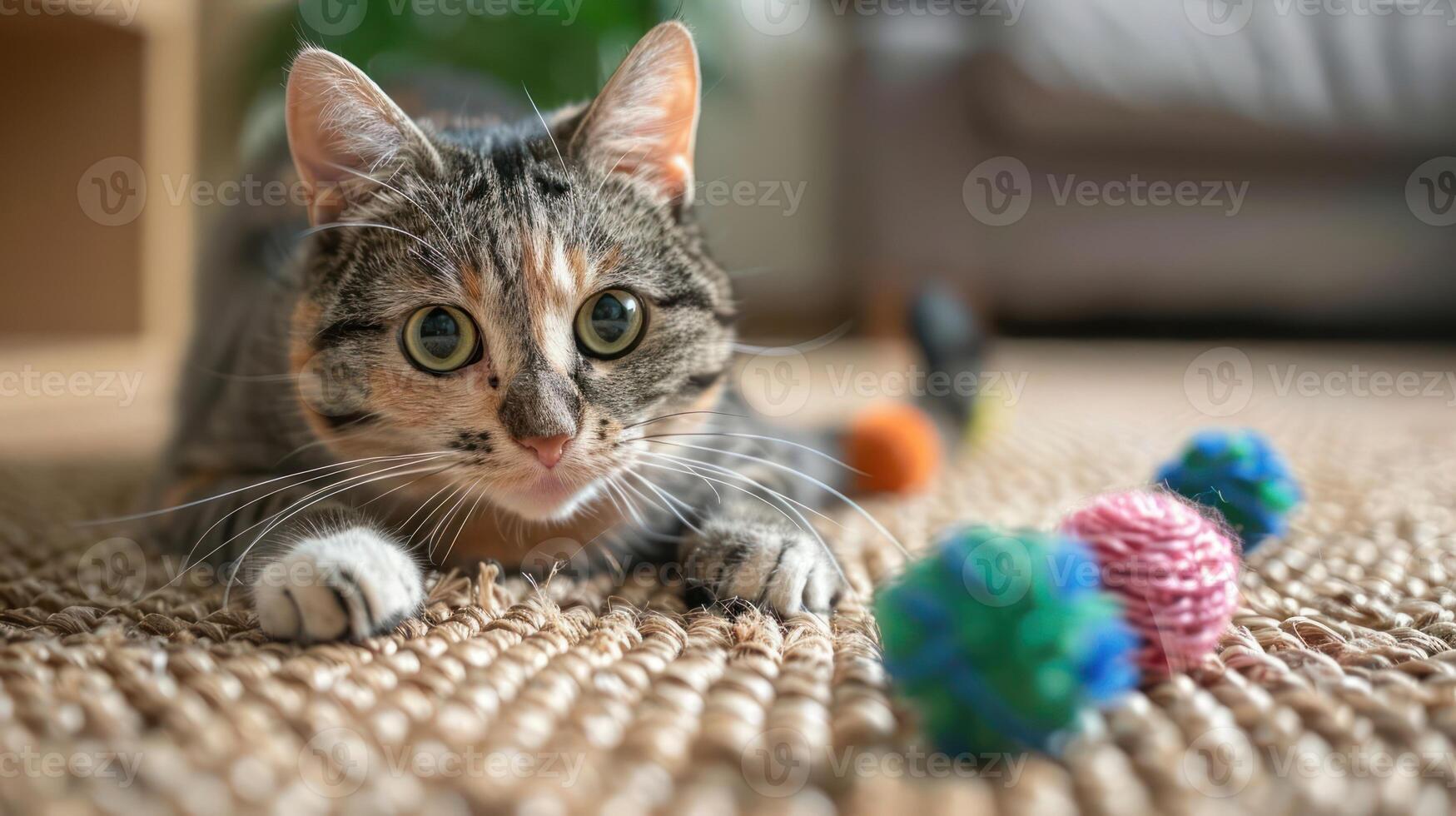 A playful cat crouches on a woven rug, eyeing colorful toys nearby. photo