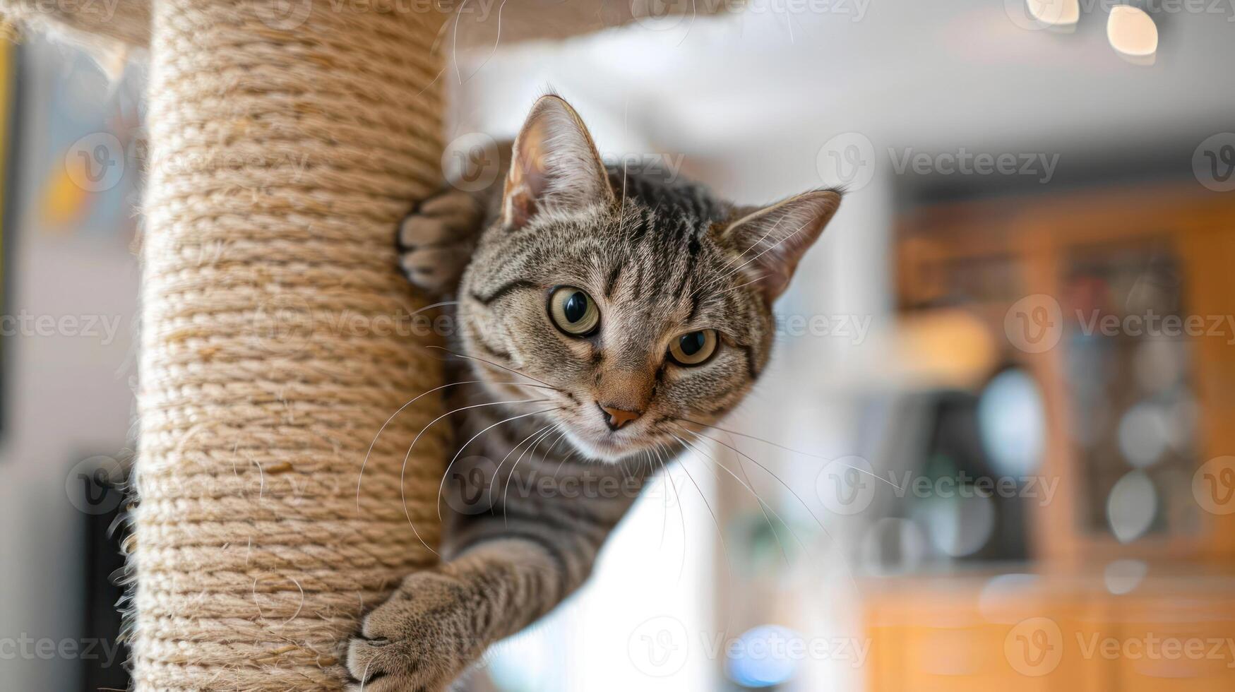 A playful cat climbing a scratching post in a cozy indoor environment. photo