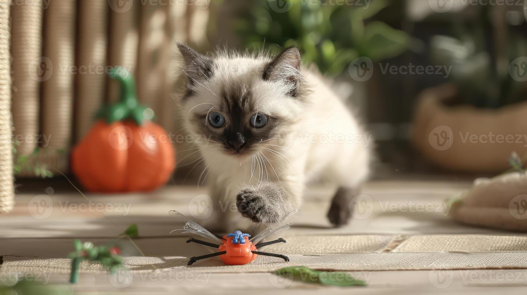 A playful kitten chases a toy spider in a cozy, decorated indoor setting. photo
