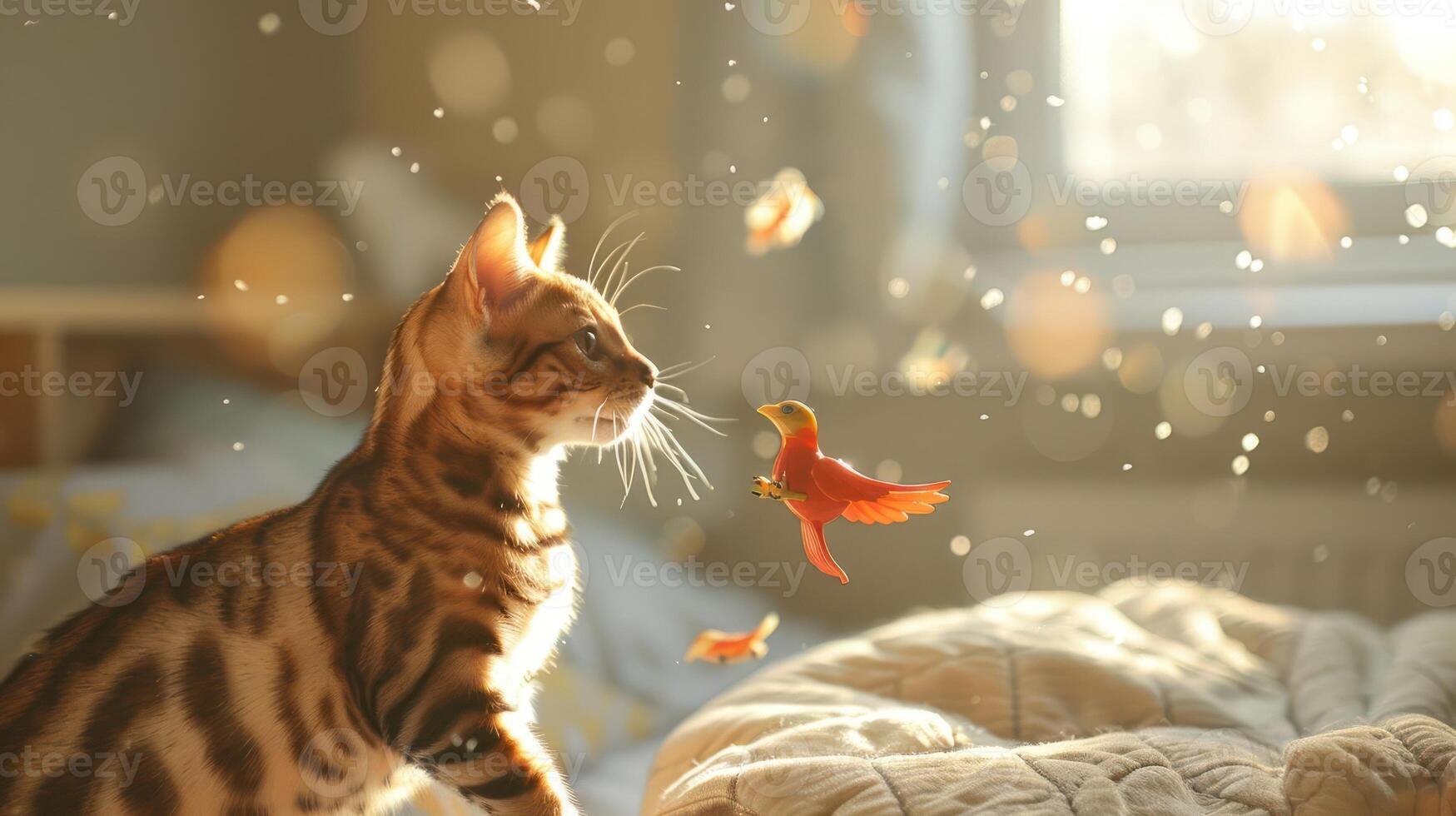 A Bengal cat gazes curiously at a small, colorful bird in a sunlit room. photo
