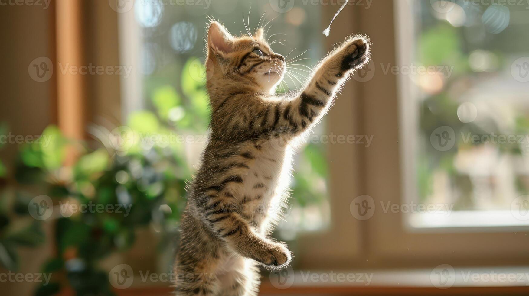 A playful kitten reaching for a toy in a sunlit room surrounded by greenery. photo
