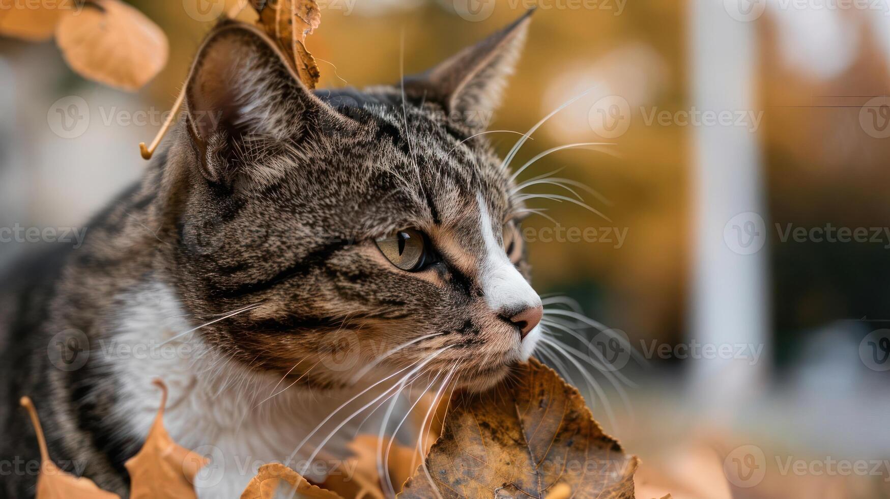 A close-up of a cat among autumn leaves, showcasing its curious expression. photo