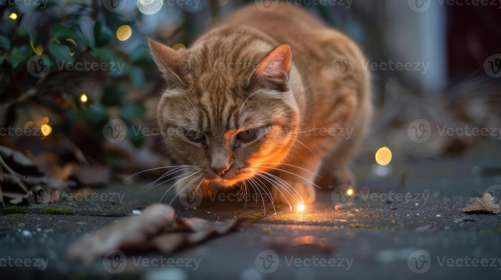 An orange cat prowls through fallen leaves with soft lights in the background. photo