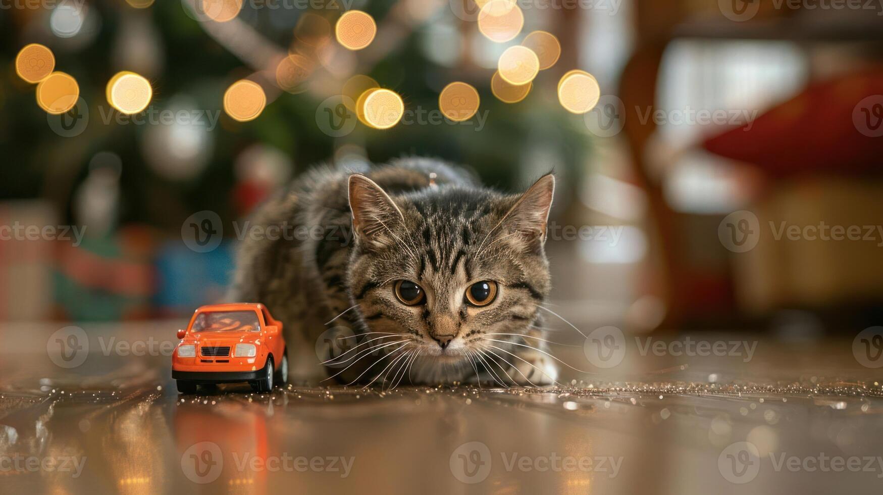 A playful kitten lies beside a toy car, with festive lights in the background. photo