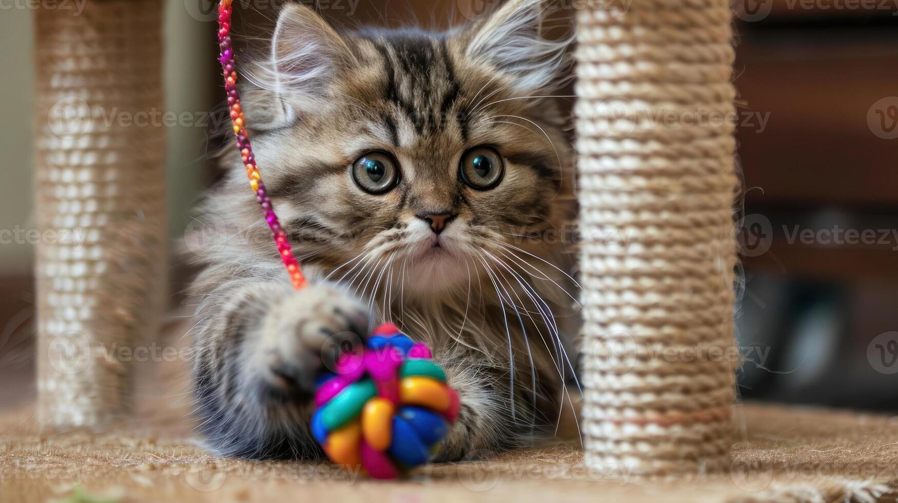 A playful kitten engages with a colorful toy ball under a scratching post. photo
