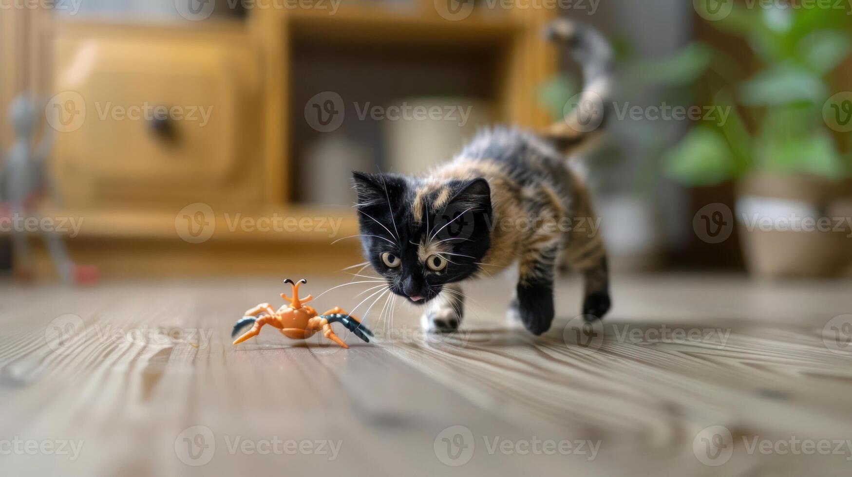 A playful kitten approaches a toy crab on a wooden floor, showcasing curiosity and playfulness. photo